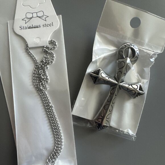 Mens Large Silver Ankh Cross Symbol Of Life Stainless Steel Pendant Necklace - Picture 6 of 6